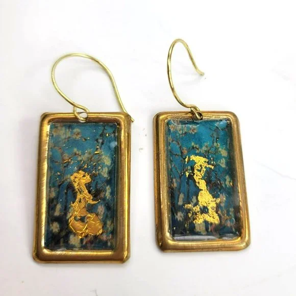 Gold Leaf Fine Art Fashion Earrings Apple Cherry Blossom Dangle Dh755 - Picture 2 of 4